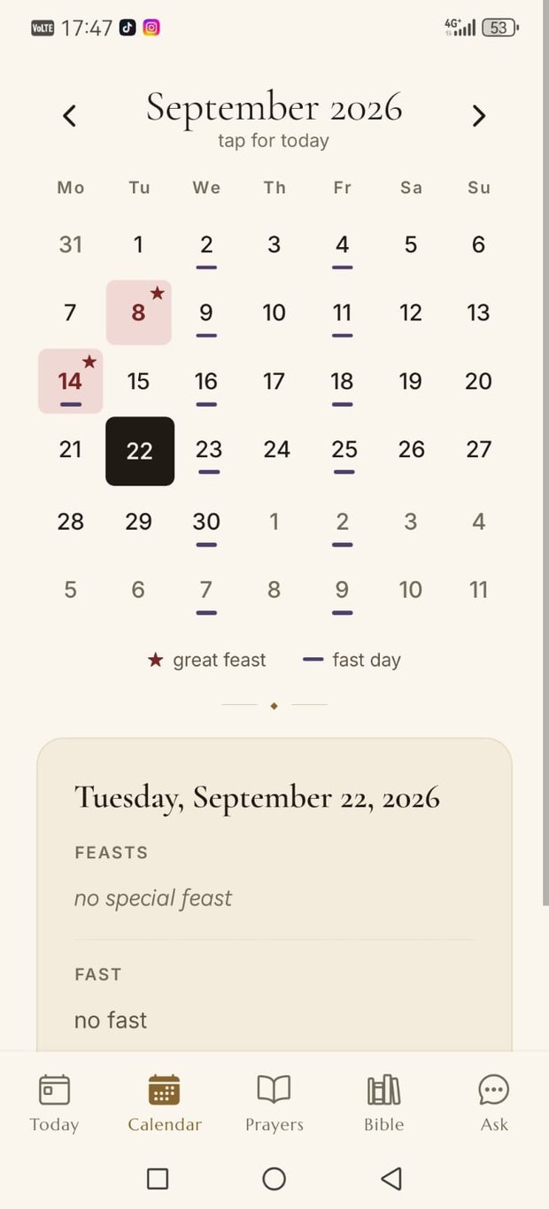 The calendar, with great feasts and fast days marked.