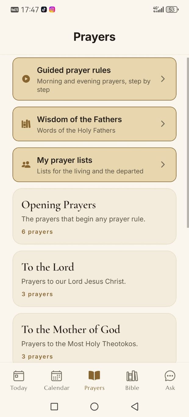 The prayers section, with guided rules and prayers by category.