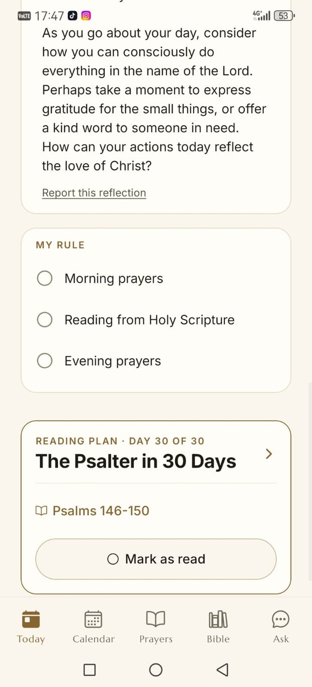 Reflection, prayer rule and reading plan on the Today screen.