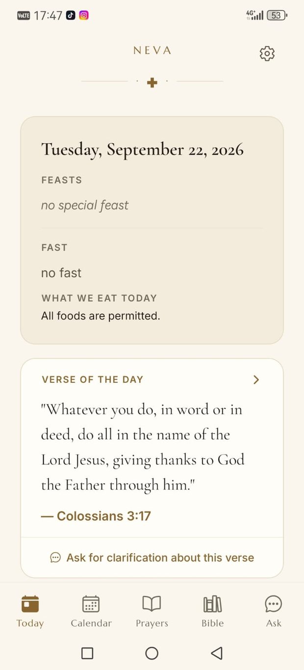 The Today screen: the day's feasts, the fast, and the verse of the day.